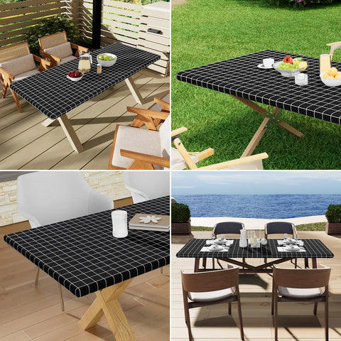 Waterproof Elastic Fitted Vinyl Table Cover 30x72 with Flannel Backing on outdoor tables in various settings, black, easy to clean, sun protection.