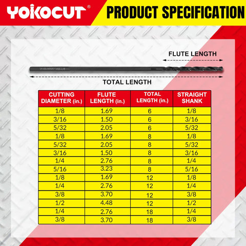 Product specification chart detailing size, flute length, total length, and straight shank for drill bits from Yokocut.