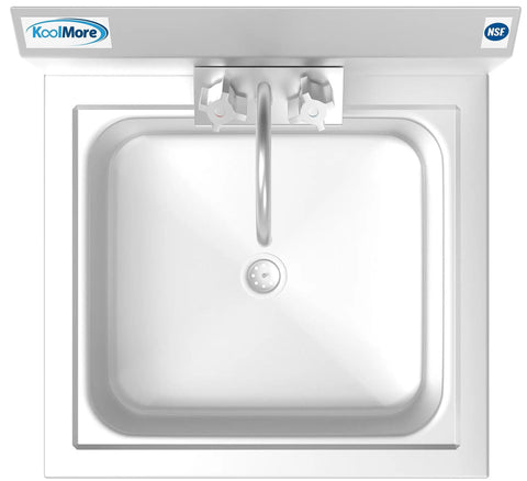 Top view of Heavy-Duty Stainless Steel NSF Commercial Hand Sink with Gooseneck Faucet, silver, wall mount, 17 by 15 inches.