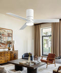 White Flush Mount Ceiling Fan With Lights Remote Control 46 Inch in modern living room with art on wall and wooden furniture