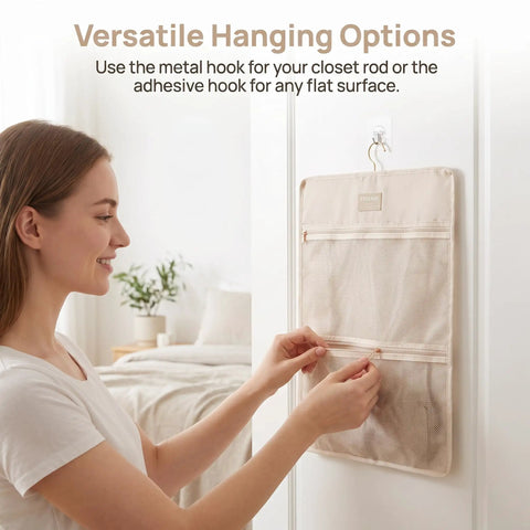 Mesh Hanging Closet Organizer And Polyester Bra Underwear Storage Hanger Ultra Slim Vertical Lingerie Bag on the door for versatile storage.