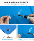 Blue textured ESD rubber bench mat with grounding snap for soldering and electronics repair (60x24 in).