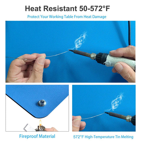 Blue textured ESD rubber bench mat with grounding snap for soldering and electronics repair (60x24 in).