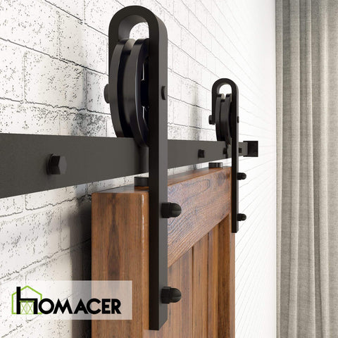 Black Rustic Non-Bypass Sliding Barn Door Hardware Kit For One Door With 6.6 Ft Flat Track And Spoke Wheel Roller Installed