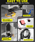 Heavy Duty Portable Fryer Oil Filter Machine With Sleek Stainless Build 14.5 Gallon Capacity showing 360° wheels, oil drain valve, and control panel.