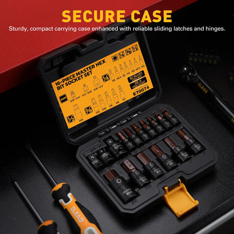 16 Piece Metric Hex Bit Socket Set In Durable S2 Steel With 1/4, 3/8 And 1/2 Inch Drives in open case showing adapters