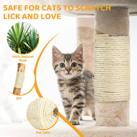 Thick 5mm Sisal Rope For Cat Scratcher Tree 50 Feet Cat Tower Climbing Twine For Scratch Post Replacement And Repair DIY White Easy Fix To Restore Worn Posts shown with kitten