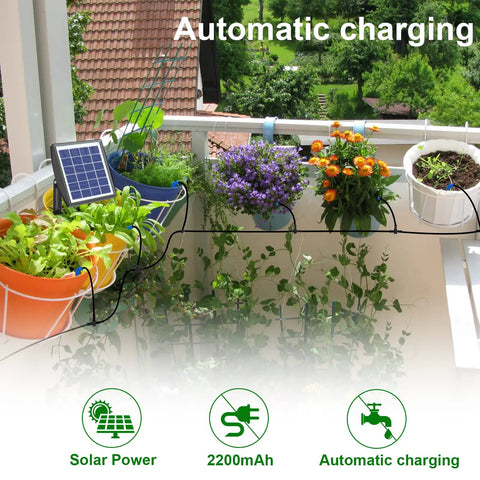 Solar Drip Irrigation Kit For Auto Plant Watering, 49Ft System powers 15 potted plants on balcony with solar panel charging