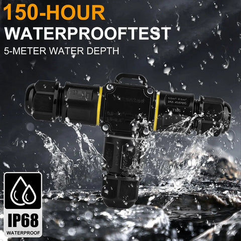 IP68 Waterproof Outdoor Junction Box T Shape 3 Way 3 Pin Connector For Extending Power Cables shown in water test