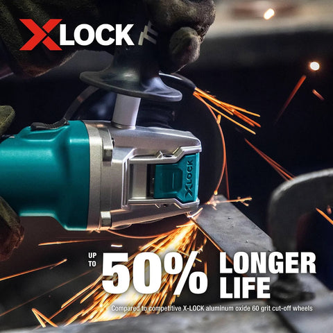 Makita X-Lock angle grinder in teal with metal-cutting wheel and sparks.
