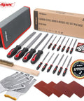 Pro Grade 17 Piece Metal Hand And Needle File Set With 12 Inch Flat, Half Round, Round And Triangle Files In Zip Case T12 Carbon Steel for Deburring Shaping Metal Wood and Plastic, shown with accessories and storage case.