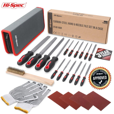 Pro Grade 17 Piece Metal Hand And Needle File Set With 12 Inch Flat, Half Round, Round And Triangle Files In Zip Case T12 Carbon Steel for Deburring Shaping Metal Wood and Plastic, shown with accessories and storage case.