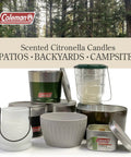 Assorted Coleman scented citronella candles for patios, backyards, and campsites, including lantern and bucket styles.