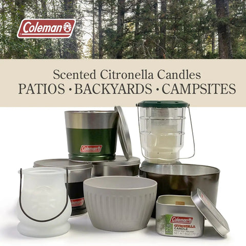 Assorted Coleman scented citronella candles for patios, backyards, and campsites, including lantern and bucket styles.