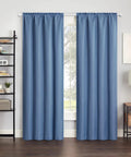 Room with blue curtains hung on a Heavy Duty Adjustable Curtain Rod Set 66 To 120 Inches For Outdoor Patio And Sliding Glass Doors Five Eighths Inch Splicing Rod In Matte White With Brackets And Ball Finials