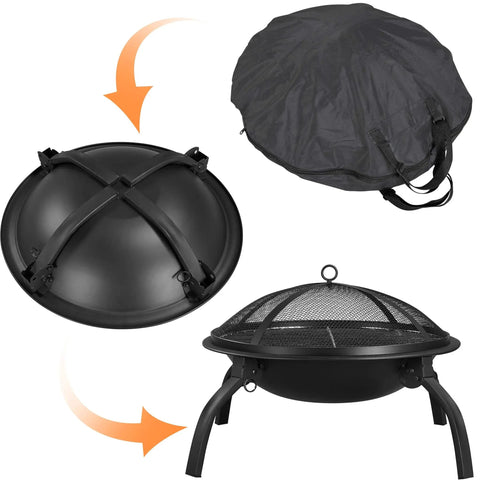 21 Inch Portable Folding Steel Fire Pit With Carrying Bag Spark Screen BBQ Grill And Log Grate For Patio Backyard Camping Bonfire