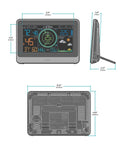 Dimensions of Pro Grade Wireless Color Weather Station With Cyclone Sensor And Atomic Time Display, Real Time Wind Speed, Temperature, Humidity, Barometric Pressure, And Forecast Updates For Home, Office, Or Outdoor Setup shown from front and side views