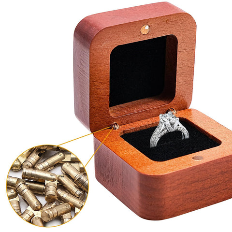 30 Pcs Brass Barrel Hidden Hinges For DIY Jewelry Boxes And Small Cabinets, shown installed on a wooden ring box with open lid