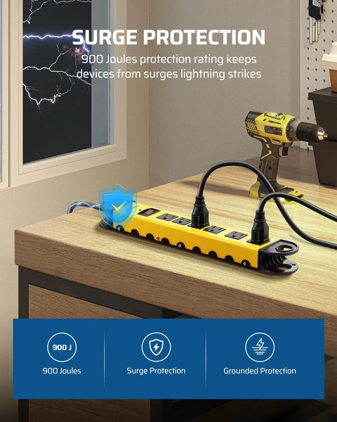 Heavy Duty 6 Outlets Power Strip Surge Protector With 15 Foot Cord UL Listed 900 Joules Flat Plug on workbench.