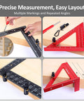 Stair Gauges With Rubber Pad For Framing Square And Circular Saw, Carpentry Jig Stops in use on black and red squares