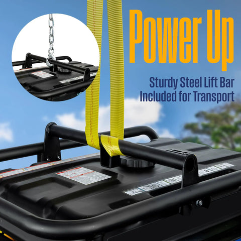 Dual Fuel Home Backup Generator With Remote Start, Transfer Switch Ready, gas or propane power, CO sensor, steel lift bar detail.