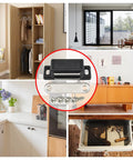 Collage showing Heavy Duty Magnetic Cabinet Door Catches Pack Of 12 With Mounting Screws, black finish, and home applications.