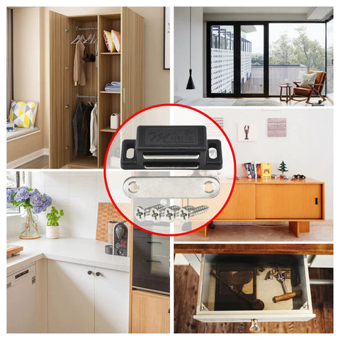 Collage showing Heavy Duty Magnetic Cabinet Door Catches Pack Of 12 With Mounting Screws, black finish, and home applications.