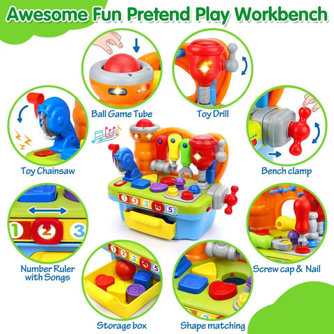 Musical Toddler Tool Bench Set For One Year Olds, Montessori Educational Play Kit With Lights And Sounds, detailed parts view.