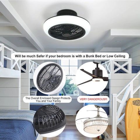 Slick 18 Inch Ceiling Fan With Lights and 2.4G Remote, modern design in bedroom with bunk beds, enclosed black finish