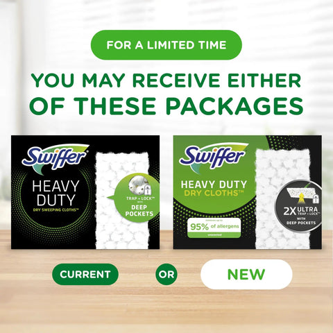 Swiffer Heavy Duty Dry Sweeping Cloths 40 Pack Loaded With 3D Grip Fibers That Chase Down Grit And Debris Across Hardwood Tile And Vinyl Floors Easy Peel Toss Routine Guarantees A Sparkling Fresh Finish packages displayed on a tabletop.