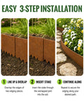 Installation steps for Pre Rusted Cor Ten Steel Landscape Edging Kit With 4.5 Inch Low Profile Border No Dig Hammer In Garden Border.