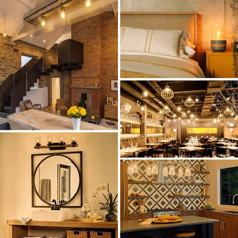 Old-School Edison Style LED Bulbs 7W Dimmable ST58, 60W Equivalent lighting decor in various home settings