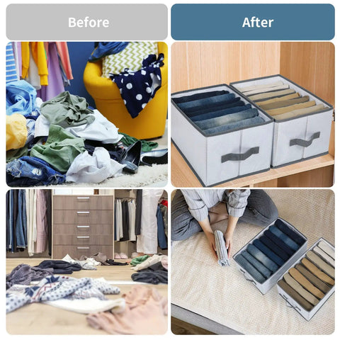 Before and after using Two Pack Foldable Closet Organizer For Clothes And Underwear Nylon Mesh Drawers With Sturdy PP Panel Eight Grid Wardrobe Storage Easy Carry Handles Space Saving Drawer Organizer For Busy Closets, showing organized clothing in drawers.