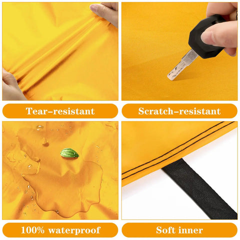 Collage showing tear and scratch resistance, waterproof surface, and soft inner of All Weather Car Cover For Sedans.