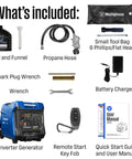 Tri Fuel Portable Inverter Generator With Remote Start And Transfer Switch Ready, CO Sensor, accessories and user manual.