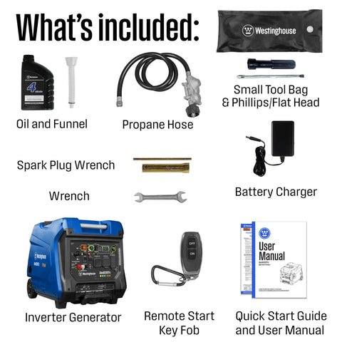 Tri Fuel Portable Inverter Generator With Remote Start And Transfer Switch Ready, CO Sensor, accessories and user manual.