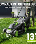 20V Brushless Electric Lawn Mower With 13 Inch Deck on grass, ideal for small yards, easy maneuverability.