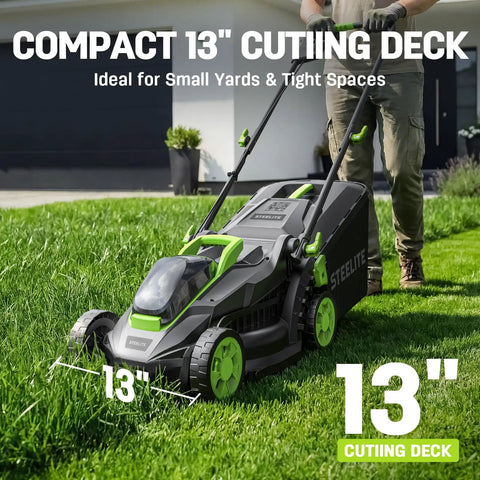 3-In-1 Cordless Lawn Care Kit With Mower, Trimmer Edger, And Leaf Blower, 21V Brushless Motor, Two 4.0Ah Batteries, Dual Chargers, Perfect For Small Yards And Quick Yard Refresh. 13-inch mower on grass