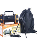 Rechargeable LED Camping Lantern And Flashlight With 4800mAh Power Bank, 8 Light Modes, Waterproof For Outdoor Use next to tripod and bag