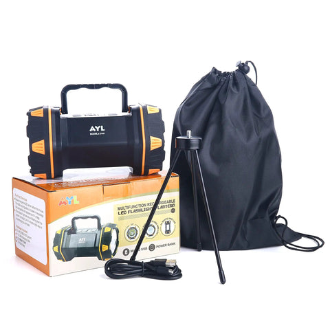 Rechargeable LED Camping Lantern And Flashlight With 4800mAh Power Bank, 8 Light Modes, Waterproof For Outdoor Use next to tripod and bag