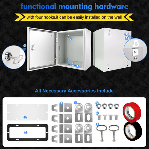 Rugged Outdoor Electrical Box With Lock And Mounting Plate Heavy Duty Steel Junction Enclosure 12 By 10 By 6 Inches NEMA 4X IP66 with accessories.