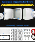 Rugged Outdoor Steel Electrical Box 12x12x8 Inch Junction Enclosure NEMA 4X IP66 Weatherproof And Dustproof with accessories shown