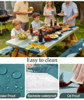Family picnic with Waterproof Windproof Picnic Table Cover With Bench Covers 3 Piece Set For Standard 6 Foot Rectangular Tables And Benches Fitted 72 By 30 Tablecloth And 72 By 12 Bench Covers Includes Drawstring Bag For Outdoor Camping Green Blue, easy to clean.