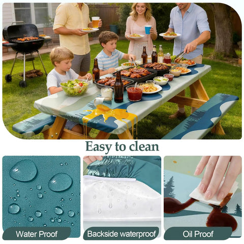 Family picnic with Waterproof Windproof Picnic Table Cover With Bench Covers 3 Piece Set For Standard 6 Foot Rectangular Tables And Benches Fitted 72 By 30 Tablecloth And 72 By 12 Bench Covers Includes Drawstring Bag For Outdoor Camping Green Blue, easy to clean.
