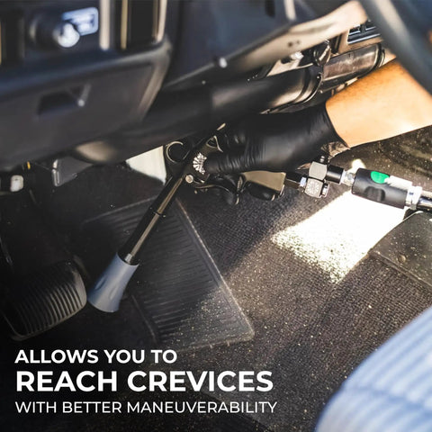 Ultra Air Hose Swivel Kit With Articulating Swivel in use, reaching crevice under car dashboard, pro-grade aluminum build
