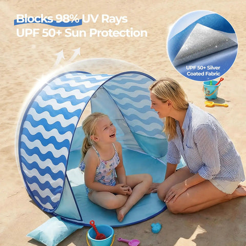 Pop Up Baby Beach Tent With UPF 50+ Canopy, portable sun shade for infants and toddlers on beach with woman and child inside