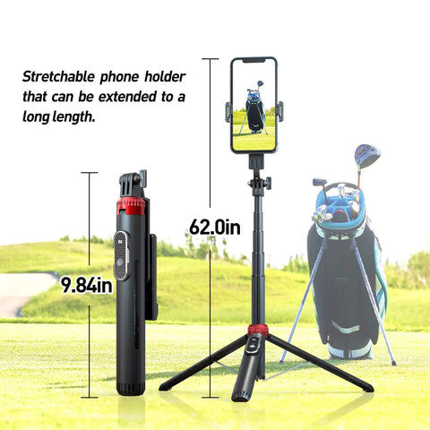 62 Inch Extendable Phone Tripod And Selfie Stick For Golf Training With Wireless Remote And Universal Phone Holder on golf field