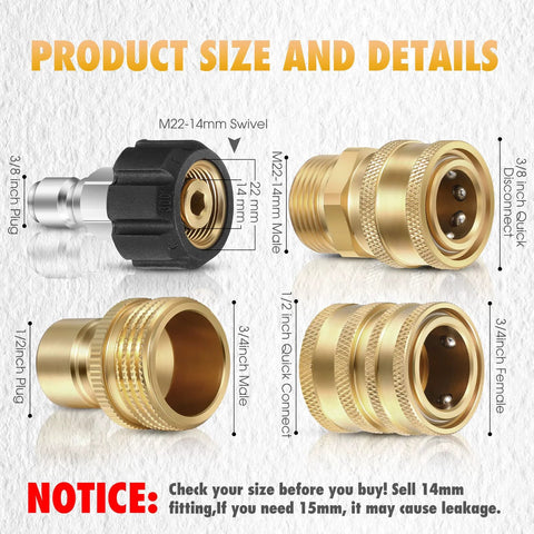 Front view of 16-pack brass pressure-washer adapter kit with M22 swivel, 1/2 in and 3/4 in fittings and quick-connect plugs