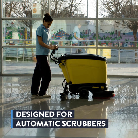 Woman operating a yellow automatic scrubber on glossy floors using Kick Ass Heavy Duty Low Foam Auto Floor Cleaner Industrial Strength Concentrate Deep Cleaning Solution Works Hard On Grease And Dirt On Concrete Floors No Streaks Or Residue Quick Dilution For Commercial Scrubbers.