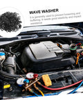 500-Piece Spring Wave Washer Kit For Screws And Bolts, Pro-Grade Steel Wave Washers Prevent Loosening, Reduce Friction, Smooth Surface For Auto, Home, And Shop DIY Projects. Black wave washers shown above an engine bay
